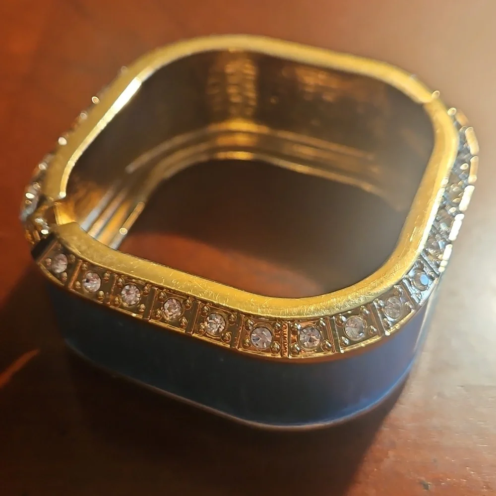 Gold Tone Square Hinged Bangle Bracelet Blue Enamel Band With Rhinestones